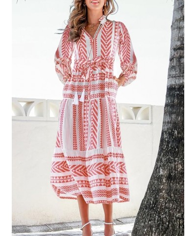 Womens Vintage Ethnic Style Printed Tassel Tie V Neck Dress Casual Long Sleeve Geometric Long Dress with Pockets Multi4022 $2...