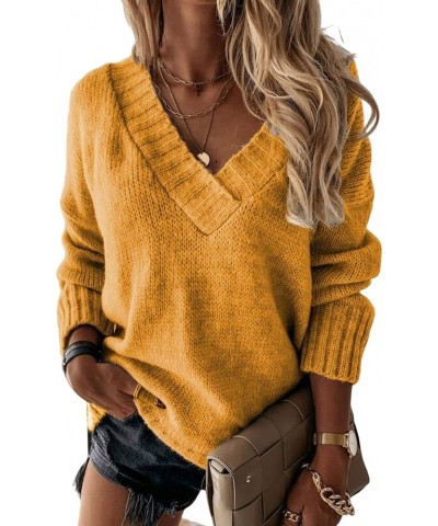 Womens 2023 Fall Winter Oversized Sweater Pullover V Neck Long Sleeve Loose Solid Knit Jumper Sweater Tops for Women Yellow $...