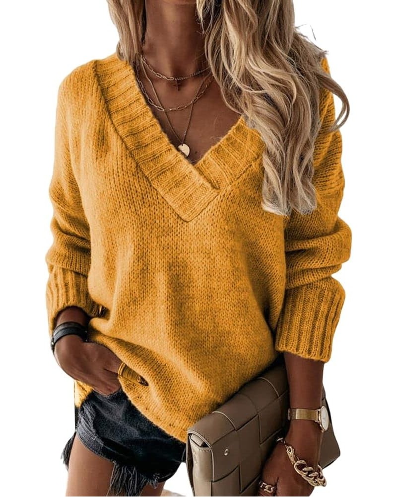 Womens 2023 Fall Winter Oversized Sweater Pullover V Neck Long Sleeve Loose Solid Knit Jumper Sweater Tops for Women Yellow $...