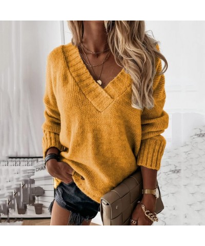 Womens 2023 Fall Winter Oversized Sweater Pullover V Neck Long Sleeve Loose Solid Knit Jumper Sweater Tops for Women Yellow $...