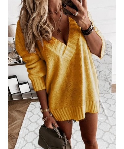 Womens 2023 Fall Winter Oversized Sweater Pullover V Neck Long Sleeve Loose Solid Knit Jumper Sweater Tops for Women Yellow $...