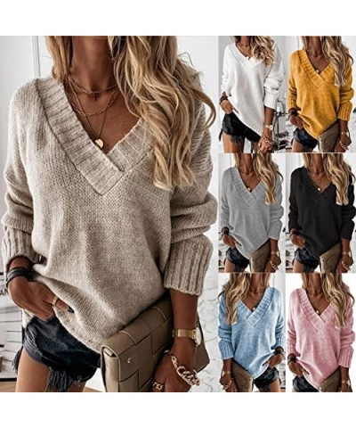 Womens 2023 Fall Winter Oversized Sweater Pullover V Neck Long Sleeve Loose Solid Knit Jumper Sweater Tops for Women Yellow $...