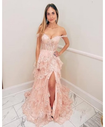 Sparkly Tiered Lace Prom Dresses with Slit Off Shoulder Corset Ball Gown Sequin Long A-line Formal Evening Gown Blush Pink $5...