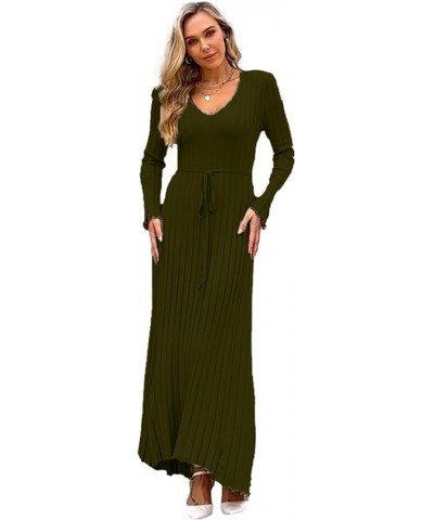 Womens Winter Fall Pleated Knitted Fit and Flare Long Sleeve Sweater Dress C-army Green $28.08 Sweaters