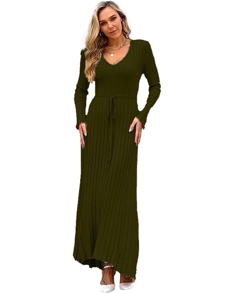 Womens Winter Fall Pleated Knitted Fit and Flare Long Sleeve Sweater Dress C-army Green $28.08 Sweaters