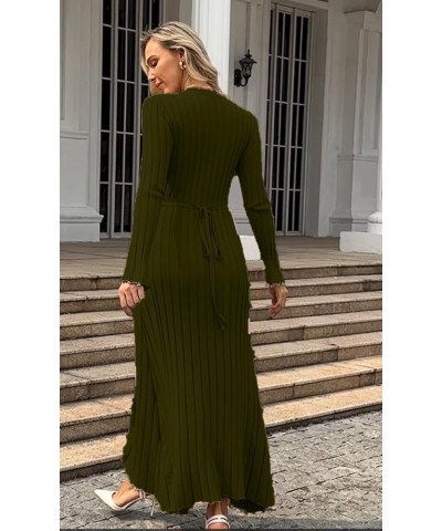 Womens Winter Fall Pleated Knitted Fit and Flare Long Sleeve Sweater Dress C-army Green $28.08 Sweaters