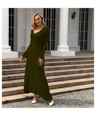 Womens Winter Fall Pleated Knitted Fit and Flare Long Sleeve Sweater Dress C-army Green $28.08 Sweaters