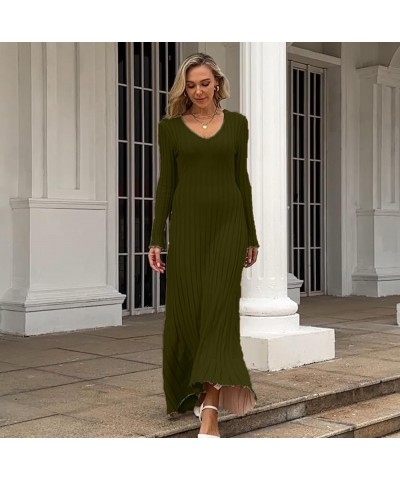 Womens Winter Fall Pleated Knitted Fit and Flare Long Sleeve Sweater Dress C-army Green $28.08 Sweaters