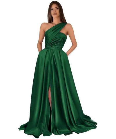 One Shoulder Prom Dresses Long Slit 2024 Satin A Line Ball Gown Lace Formal Evening Gowns with Pockets Emerald Green $34.10 D...