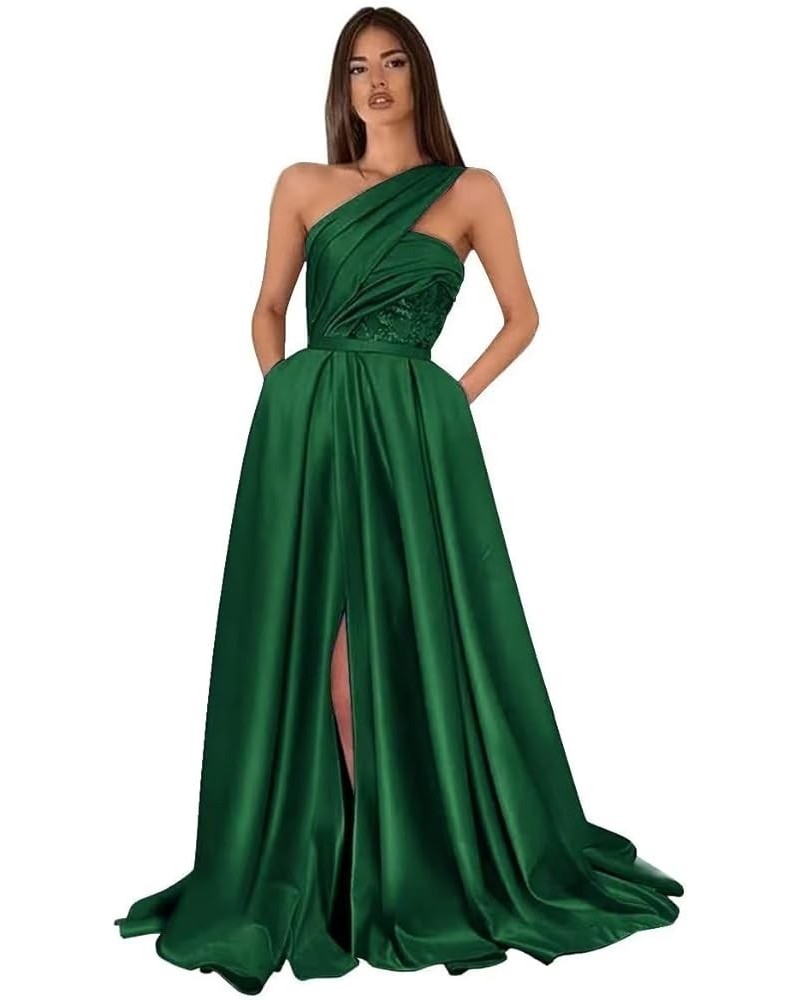 One Shoulder Prom Dresses Long Slit 2024 Satin A Line Ball Gown Lace Formal Evening Gowns with Pockets Emerald Green $34.10 D...