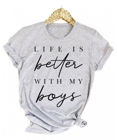 Womens Mother's Day T-Shirt Life is Better with My Boys Graphic Tee Funny Leopard Boy Mama Short Sleeve Light Grey $11.19 T-S...