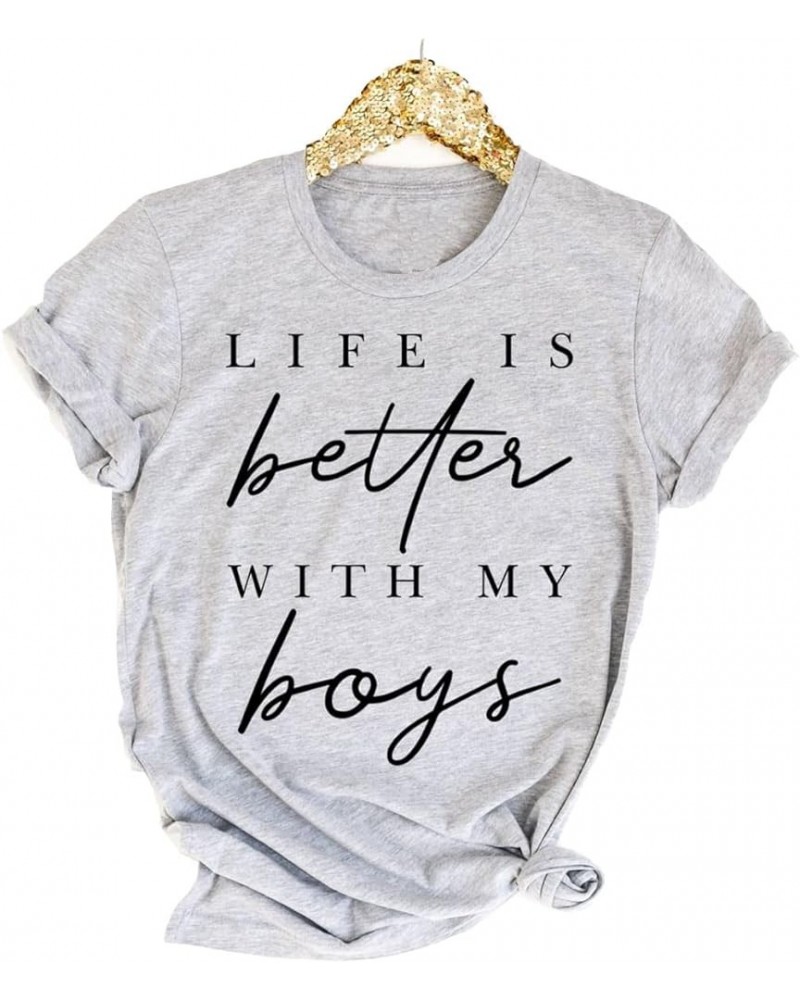 Womens Mother's Day T-Shirt Life is Better with My Boys Graphic Tee Funny Leopard Boy Mama Short Sleeve Light Grey $11.19 T-S...