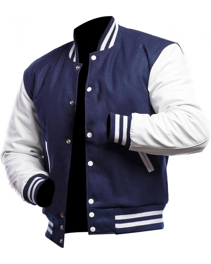 Unisex Women/Mens Varsity Letterman Jacket | College Baseball High School Bomber Wool + Faux Leather Jacket Navy Blue $37.13 ...