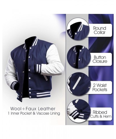 Unisex Women/Mens Varsity Letterman Jacket | College Baseball High School Bomber Wool + Faux Leather Jacket Navy Blue $37.13 ...