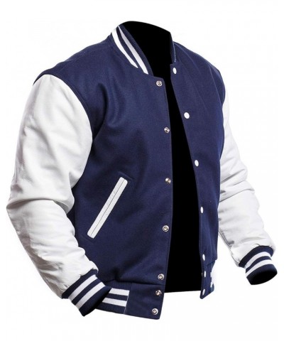 Unisex Women/Mens Varsity Letterman Jacket | College Baseball High School Bomber Wool + Faux Leather Jacket Navy Blue $37.13 ...