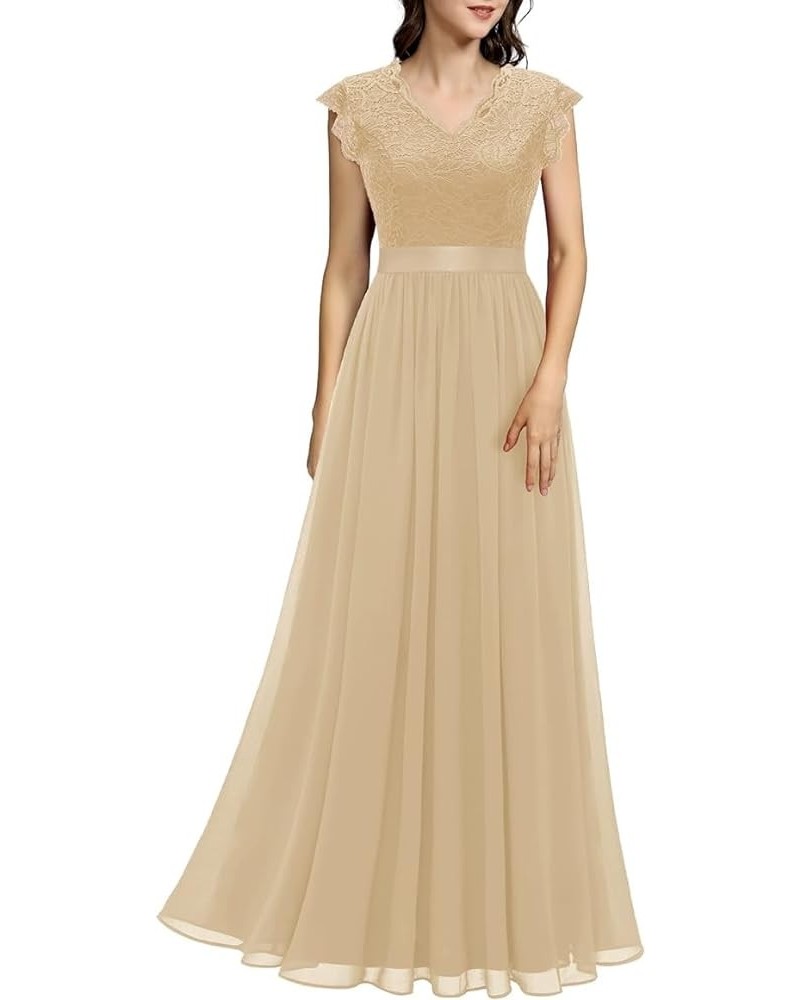 Women's V Neck Sleeveless Lace Bridesmaid Dress Wedding Party Gown Band- Champagne $31.46 Dresses