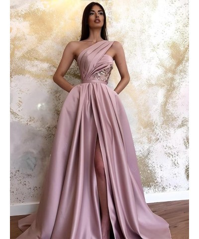 One Shoulder Prom Dresses Long Slit 2024 Satin A Line Ball Gown Lace Formal Evening Gowns with Pockets Emerald Green $34.10 D...