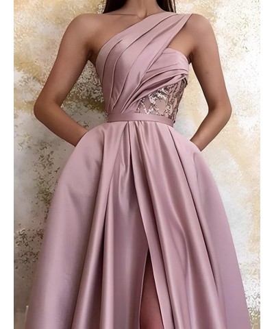 One Shoulder Prom Dresses Long Slit 2024 Satin A Line Ball Gown Lace Formal Evening Gowns with Pockets Emerald Green $34.10 D...