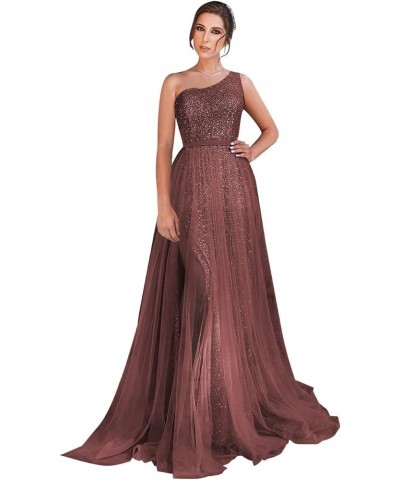 One Shoulder Sequin Prom Dresses Long Glitter Tulle Ball Gown Wedding Dresses Formal Party Gowns with Slit Desert Rose $42.35...