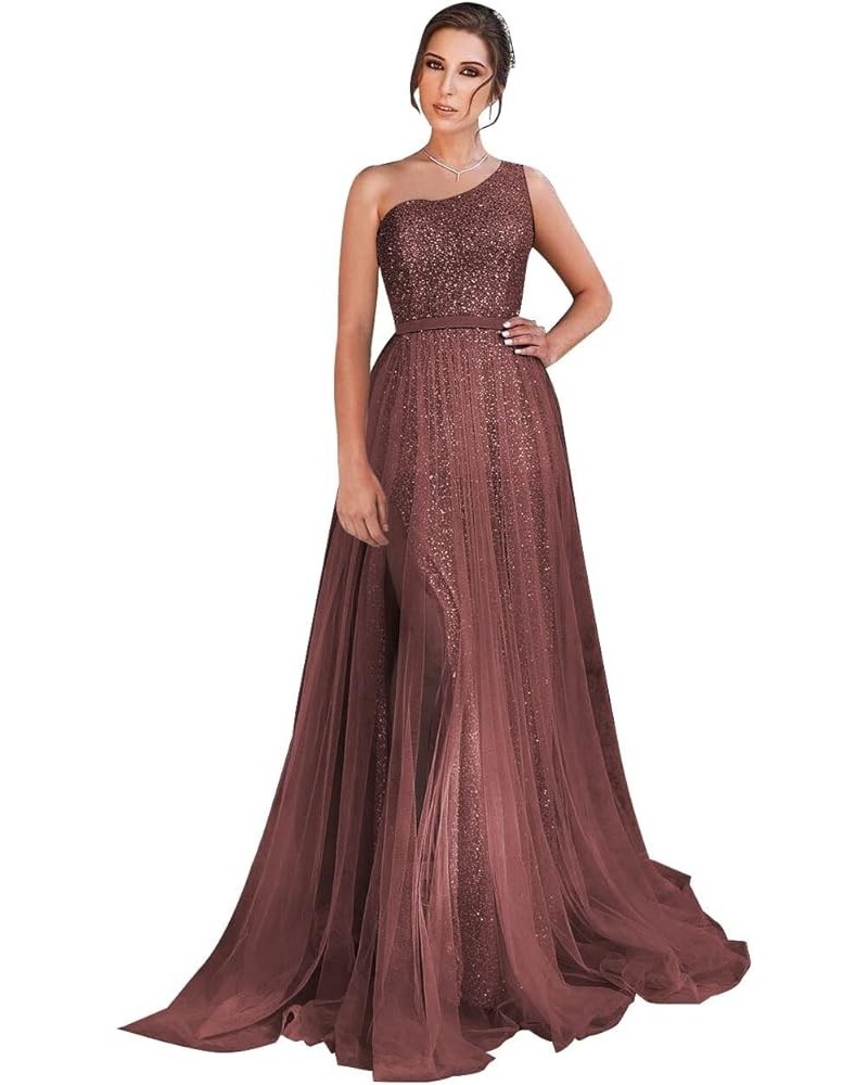 One Shoulder Sequin Prom Dresses Long Glitter Tulle Ball Gown Wedding Dresses Formal Party Gowns with Slit Desert Rose $42.35...