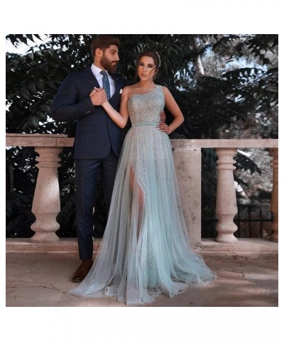 One Shoulder Sequin Prom Dresses Long Glitter Tulle Ball Gown Wedding Dresses Formal Party Gowns with Slit Desert Rose $42.35...