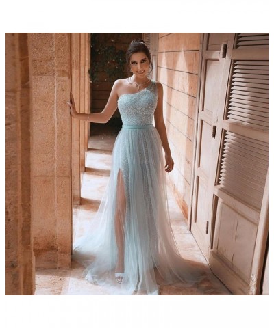 One Shoulder Sequin Prom Dresses Long Glitter Tulle Ball Gown Wedding Dresses Formal Party Gowns with Slit Desert Rose $42.35...