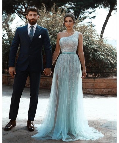 One Shoulder Sequin Prom Dresses Long Glitter Tulle Ball Gown Wedding Dresses Formal Party Gowns with Slit Desert Rose $42.35...