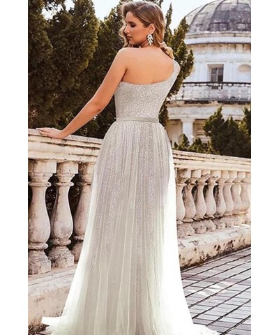 One Shoulder Sequin Prom Dresses Long Glitter Tulle Ball Gown Wedding Dresses Formal Party Gowns with Slit Desert Rose $42.35...