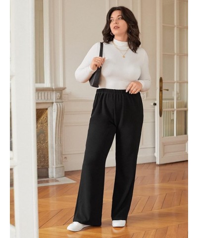 Women's Plus Size Elastic Waist Wide Leg Loose Fit Casual Pants with Pockets Long Black $20.51 Leggings