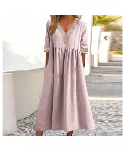 2023 Dresses Women Summer Casual Button Flowy Pleated Short Sleeve V-Neck Knee Length Midi Dress Beach Sundress C1pink $11.42...