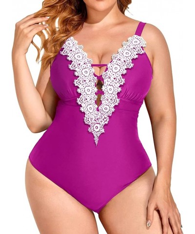 Plus Size One Piece Swimsuits for Women Plunging Sexy Bathing Suits Lace Swimwear Pink Purple $18.19 Swimsuits