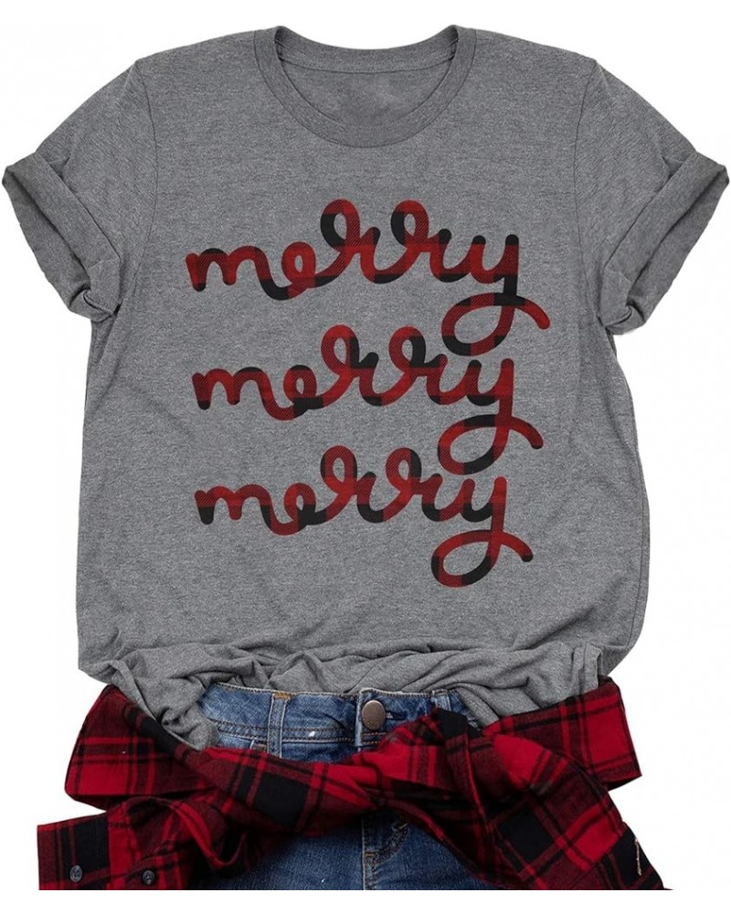 Christmas T Shirt Womens Merry and Bright Letter Printed Short Sleeve Tops Holiday Shirt Christmas Tree Tee Shirts Gray2 $13....