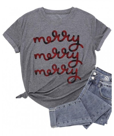 Christmas T Shirt Womens Merry and Bright Letter Printed Short Sleeve Tops Holiday Shirt Christmas Tree Tee Shirts Gray2 $13....