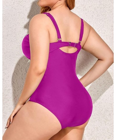 Plus Size One Piece Swimsuits for Women Plunging Sexy Bathing Suits Lace Swimwear Pink Purple $18.19 Swimsuits