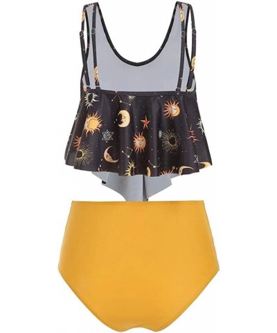 Women's Bathing Suit Sun Stars Moon Flounce High Waisted Tankini Swimsuit Yellow $9.84 Swimsuits