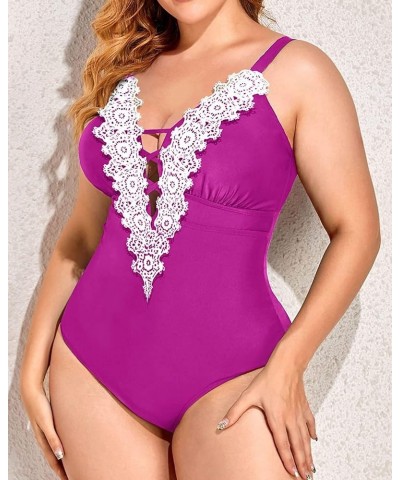 Plus Size One Piece Swimsuits for Women Plunging Sexy Bathing Suits Lace Swimwear Pink Purple $18.19 Swimsuits