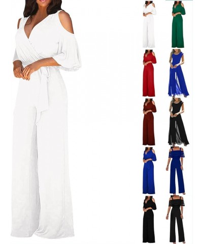 Jumpsuits For Women Classy Fashion V Neck Hollow Short Sleeves Romper Casual Long Wide Leg Pants Jumpsuits A-white $13.08 Act...