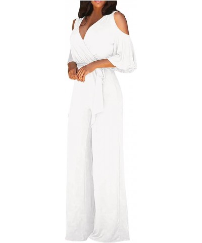 Jumpsuits For Women Classy Fashion V Neck Hollow Short Sleeves Romper Casual Long Wide Leg Pants Jumpsuits A-white $13.08 Act...