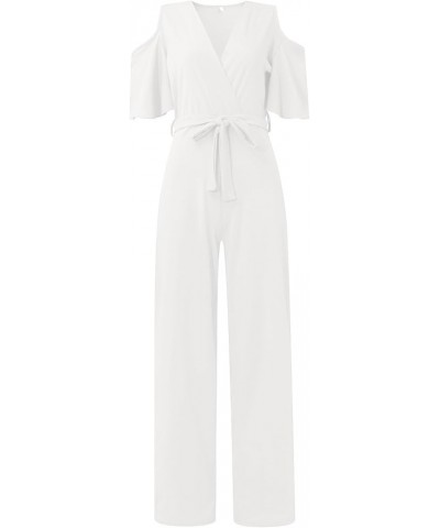 Jumpsuits For Women Classy Fashion V Neck Hollow Short Sleeves Romper Casual Long Wide Leg Pants Jumpsuits A-white $13.08 Act...