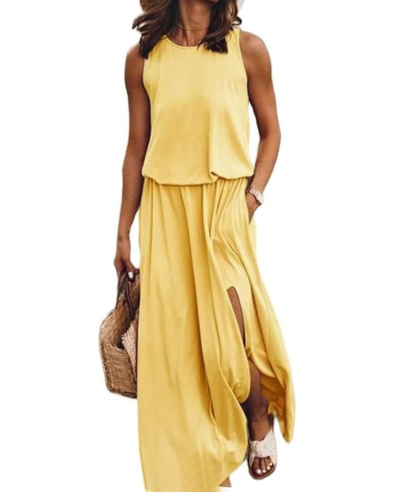 Beach Dresses for Women Casual Loose Sundress Long Dress Sleeveless Split Maxi Dresses Summer Tank Dress with Pockets Yellow ...