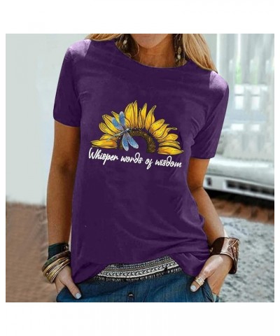 Casual T-Shirt Tops Blouse Printing Letter O-Neck Women Short Loose Sleeves Women's Blouse 2 Shirt 1b-purple $2.80 Blouses