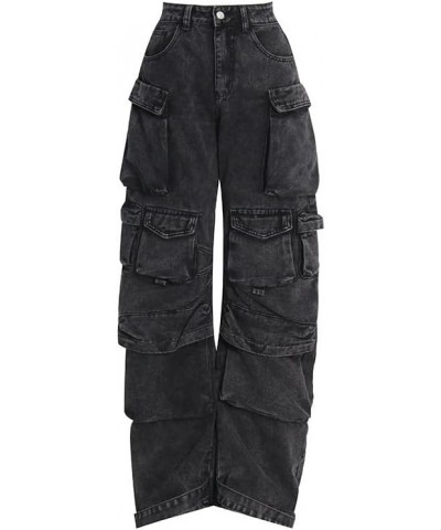 High Waist Baggy Cargo Jeans for Women's Flap Pocket Straight Leg Denim Pants Y2K Boyfriend Jean Pants Trousers Black Gray a ...