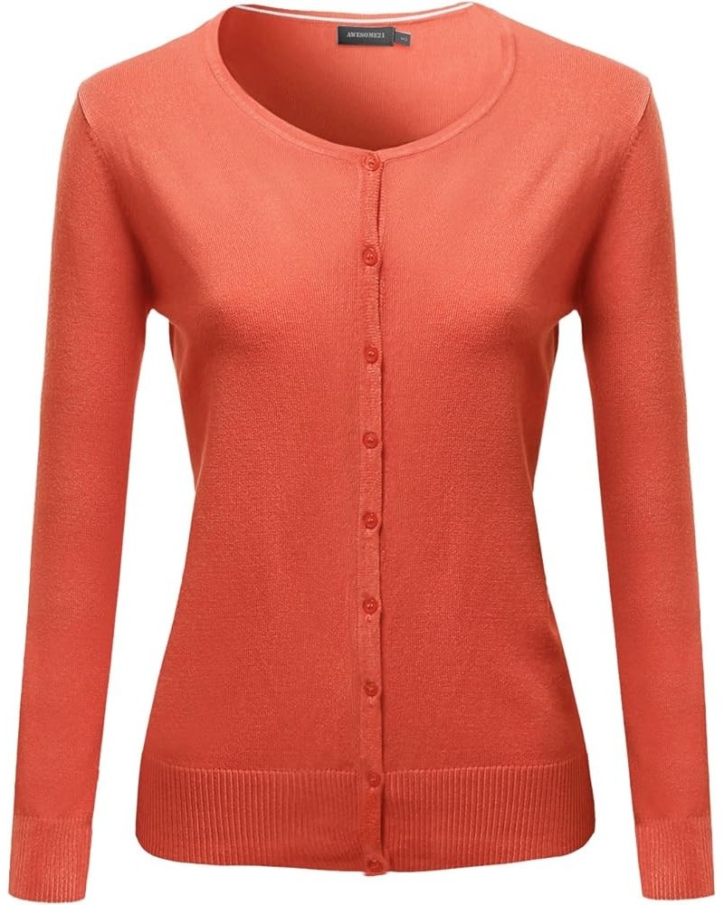 Women's Solid Crew Neck Button Down 3/4 Sleeves Knit Cardigan Fewcal0018 Orange $9.40 Sweaters