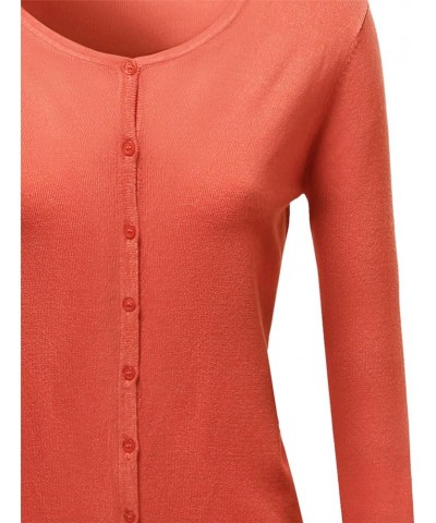 Women's Solid Crew Neck Button Down 3/4 Sleeves Knit Cardigan Fewcal0018 Orange $9.40 Sweaters