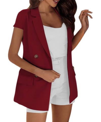 Womens Casual Short Sleeve Open Front Blazers Work Office Solid Color Blazer Jacket with Pockets Red Wine $19.68 Blazers