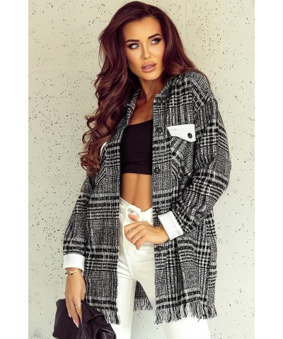 Women's Flannel Plaid Shacket Long Sleeve Oversized Button Down Shirt Jacket Coat Black $19.73 Jackets