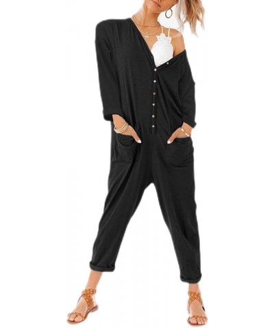 Oversize Women's One Piece Button Up Jumpsuit Casual Loose Short Sleeve V Neck Onesies Rompers With Pockets Long Sleeve-black...