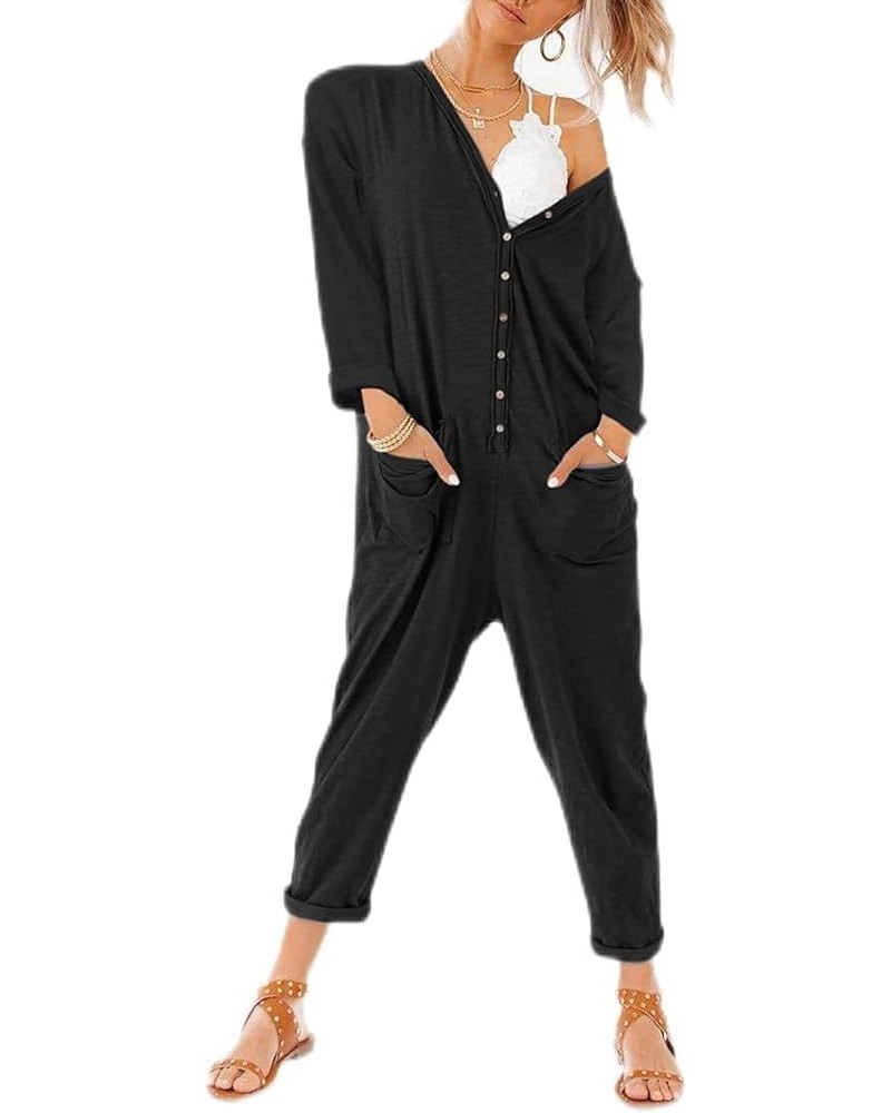 Oversize Women's One Piece Button Up Jumpsuit Casual Loose Short Sleeve V Neck Onesies Rompers With Pockets Long Sleeve-black...