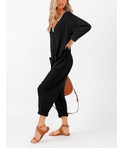 Oversize Women's One Piece Button Up Jumpsuit Casual Loose Short Sleeve V Neck Onesies Rompers With Pockets Long Sleeve-black...