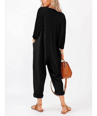 Oversize Women's One Piece Button Up Jumpsuit Casual Loose Short Sleeve V Neck Onesies Rompers With Pockets Long Sleeve-black...